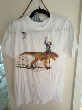 White Graphic Short Sleeve Tee with Cowboy Riding T-Rex